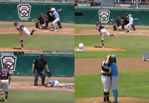 ESPN / AP
                                In this combination of photos from video provided by ESPN, pitcher Kaiden Shelton (29), of Pearland, Texas, throws to batter Isaiah Jarvis, of Tulsa, Okla., when an 0-2 pitch got away from him and slammed into Jarvis’ helmet during a Little League Southwest Regional Playoff baseball final, Tuesday, Aug. 9, in Waco, Texas.