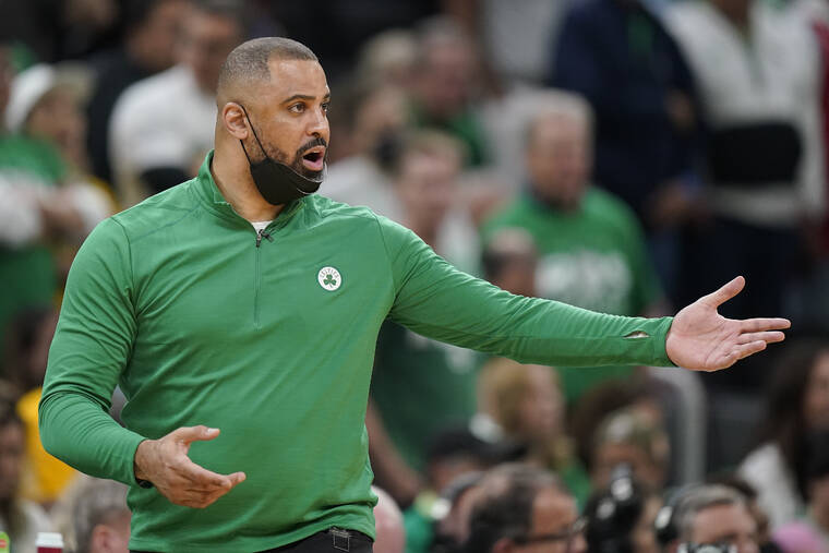 ASSOCIATED PRESS
                                Boston Celtics coach Ime Udoka reacts during the fourth quarter of Game 6 of the NBA Finals against the Golden State Warriors on June 16.