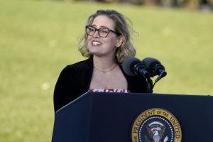ASSOCIATED PRESS / NOV. 15
                                Sen. Kyrsten Sinema, D-Ariz., speaks before President Joe Biden signs the $1.2 trillion bipartisan infrastructure bill into law during a ceremony on the South Lawn of the White House in Washington.