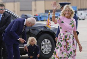 ASSOCIATED PRESS
                                President Joe Biden looks at his grandson Beau Biden as first lady Jill Biden waves and walks to board Air Force One at Andrews Air Force Base, Md., Aug. 10. First lady Jill Biden tested positive for COVID-19 and is experiencing ‘mild symptoms’ the White House announced today.
