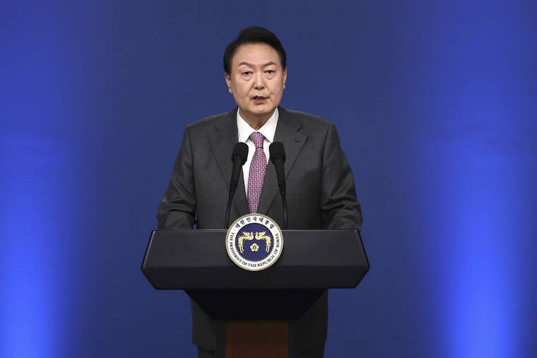 POOL VIA AP
                                South Korean President Yoon Suk Yeol delivers a speech during a news conference to mark his first 100 days in office at the presidential office in Seoul, South Korea, on Wednesday.