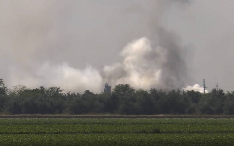 RU-RTR RUSSIAN TELEVISION / AP / AUG. 16
                                In this image taken from video provided by the RU-RTR Russian television, smoke rises over the site of explosion at an ammunition storage of Russian army near the village of Mayskoye, Crimea.