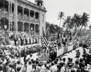 STAR-ADVERTISER FILE
                                Statehood celebration at Iolani Palace March 18 1959, the day the Act to provide for the Admission of the State of Hawaii was signed by President Eisenhower.