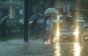 JAMM AQUINO/JAQUINO@STARADVERTISER.COM
                                A pedestrian crosses flooded Dillingham Boulevard in Honolulu.