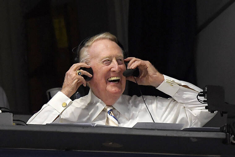 ASSOCIATED PRESS / 2016
                                Los Angeles Dodgers Hall of Fame announcer Vin Scully puts his headset on prior to a baseball game between the Dodgers and the San Francisco Giants in Los Angeles. Scully, who called Dodgers games for 67 years, died Tuesday night at the age of 94.