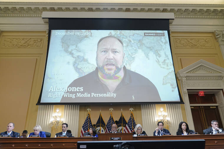 ASSOCIATED PRESS / JULY 12
                                A video showing Alex Jones is shown as the House select committee investigating the Jan. 6 attack on the U.S. Capitol holds a hearing at the Capitol in Washington.