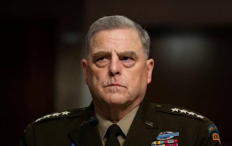 SARAHBETH MANEY/THE NEW YORK TIMES
                                Gen. Mark Milley, the chairman of the Joint Chiefs of Staff, testifies before a Senate Armed Services Committee hearing on Capitol Hill in Washington, on Sept. 28, 2021. Milley once drafted a resignation letter accusing former President Donald Trump of embracing the tyranny, dictatorship and extremism that the military had sworn to fight.