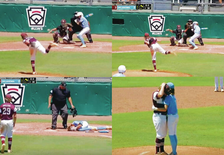ESPN VIA ASSOCIATED PRESS
                                In this combination of photos from video provided by ESPN, pitcher Kaiden Shelton of Pearland, Texas, pitched to Isaiah Jarvis of Tulsa, Okla., during a Little League Southwest Regional final in Waco, Texas, on Tuesday. On an 0-2 count, Shelton’s pitch got away from him and it slammed into Jarvis’ helmet. Jarvis crumpled to the ground clutching his head as his concerned coaches ran to his aid. Jarvis eventually got up and went to first base. That’s when Jarvis noticed that the pitcher was overcome with emotion because of the beaning. Jarvis then walked to the mound and hugged Shelton, telling him, “Hey, you’re doing great. Let’s go.”