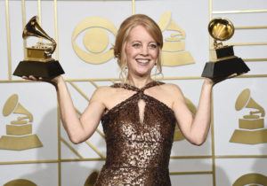 CHRIS PIZZELLO/INVISION/AP / 2016
                                Maria Schneider poses with the award for best arrangement, instruments and vocals for “Sue (Or In A Season Of Crime) ” and the award for best large jazz ensemble album for “The Thompson Fields” in the press room at the 58th annual Grammy Awards in Los Angeles. Schneider took home a few 2016 Jazz Awards, one for musician of the year and best album for “The Thompson Fields.” She also won for composer, arranger and best large ensemble in voting among members of the Jazz Journalists Association.