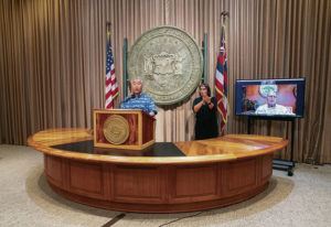 CINDY ELLEN RUSSELL / CRUSSELL@STARADVERTISER.COM
                                Governor David Ige holds a news conference at the state capitol with Mayor Rick Blangiardi and Mayor Michael Victorino about the $78 million opioid settlement received.