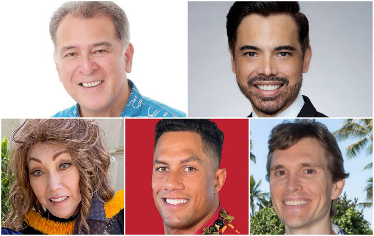 COURTESY PHOTOS
                                Office of Hawaiian Affairs at-large trustee candidates Brickwood Galuteria (top left), John D. Waihee IV (top right), Lei Ahu-Isa (bottom left), Chad Owens (bottom center) and Sam King (bottom right). Realtor Keoni Souza is not pictured.