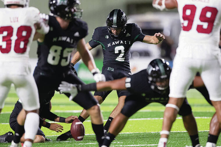 GEORGE F. LEE / OCT. 2
                                UH place-kicker Matthew Shipley booted a field goal, providing the Warriors with the winning points in a 27—24 win over Fresno State at the Clarence TC Ching Complex last Oct. 2. Shipley’s boot came with 3:33 left in the game. An interception sealed the victory.