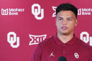 ASSOCIATED PRESS
                                Oklahoma quarterback Dillon Gabriel spoke during a media day on Aug. 2 in Norman, Okla. The former UCF QB will make his debut against UTEP on Saturday.