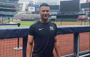 JON MARKS / SPECIAL TO THE STAR-ADVERTISER
                                Isiah Kiner-Falefa stood in the dugout of Yankee Stadium before Monday’s game against Seattle.