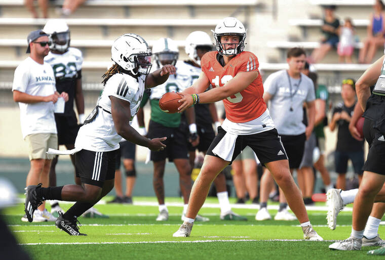 STEVEN ERLER / SPECIAL TO THE STAR-ADVERTISER 
                                UH quarterback Brayden Schager handed off the ball during practice at the Ching Complex on Saturday.