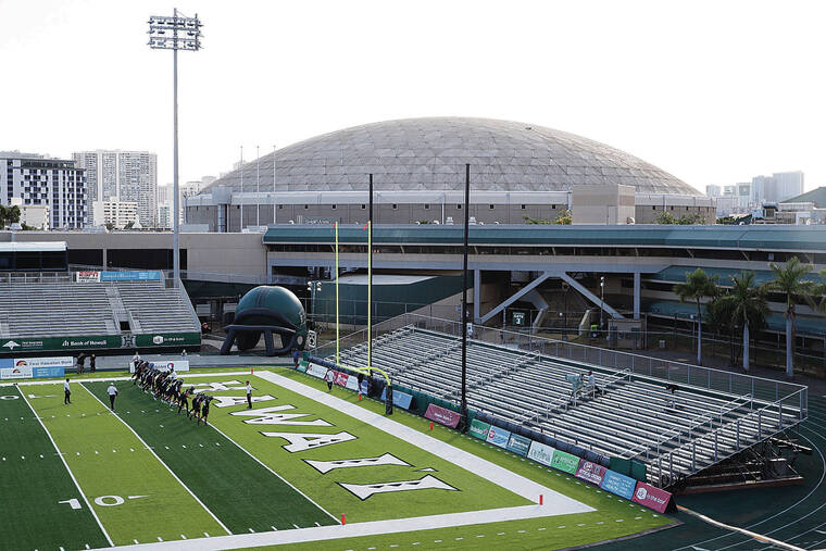 JAMM AQUINO / SEPT. 4
                                The University of Hawaii Board of Regents approved a $30 million capital improvement project to expand the seating capacity at the Clarence T.C. Ching Athletics Complex to 16,909 seats from 9,350. Above, the Warriors warm up for a game against the Portland State Vikings.
