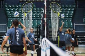 CINDY ELLEN RUSSELL / CRUSSELL@STARADVERTISER.COM 
                                The Rainbow Wahine volleyball team practiced inside Stan Sheriff Center on Tuesday.