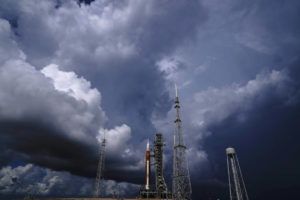 ASSOCIATED PRESS
                                The NASA moon rocket stands on Pad 39B before a launch attempt for the Artemis 1 mission to orbit the moon at the Kennedy Space Center Friday in Cape Canaveral, Fla. On Saturday, NASA delayed the launch for a third time because of the threat from a developing tropical storm.
