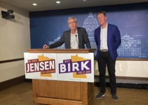 ASSOCIATED PRESS
                                GOP gubernatorial candidate Scott Jensen, left, and his running mate, Matt Birk, speak at a news conference at the State Capitol in St. Paul, Minn., today. Jensen and Birk attacked Democratic Gov. Tim Walz over how his administration handled the investigation into the nonprofit Feeding Our Future, which is now the target of a $250 million federal fraud case.