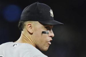 THE CANADIAN PRESS VIA AP
                                New York Yankees’ Aaron Judge looks back to the dugout as he walks out to his position during the third inning of the team’s baseball game against the Toronto Blue Jays on Tuesday.