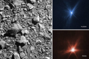 NASA VIA ASSOCIATED PRESS
                                This combination of images provided by NASA shows three different views of the DART spacecraft impact on the asteroid Dimorphos on Monday. At left is the view from a forward camera on DART, upper right the Hubble Space Telescope and lower right, the James Webb Space Telescope.