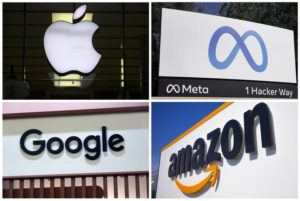 ASSOCIATED PRESS
                                This photo combo of images shows logos for Apple, Meta, Google and Amazon. The House, today, approved sharply scaled-down legislation targeting the dominance of Big Tech companies by giving states greater power in antitrust cases and increasing money for federal regulators.