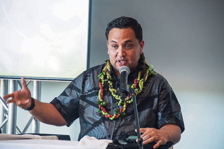 CRAIG T. KOJIMA / CKOJIMA@STARADVERTISER.COM
                                Kuhio Lewis, president and CEO of the Council for Native Hawaiian Advancement, spoke about the nonprofit’s vision of regenerative tourism at the Culinary Institute of the Pacific’s “Near and Far” event on Wednesday.