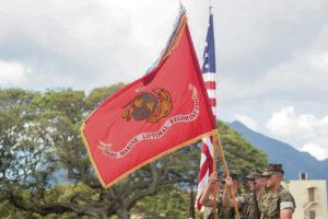 CINDY ELLEN RUSSELL / MARCH 3
                                The Marine Corps Base Hawaii Color Guard with the newly posted 3rd Marine Littoral Regiment flag.