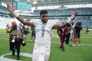 Associated Press
                                Dolphins quarterback Tua Tagovailoa gestured to fans after Miami’s win over Buffalo on Sunday.