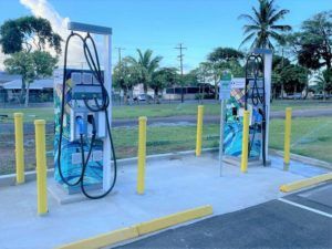 COURTESY HAWAIIAN ELECTRIC
                                Hawaiian Electric has added two more fast chargers for EVs at Bishop Museum. The chargers feature artwork by Wooden Wave.