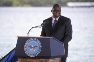 CINDY ELLEN RUSSELL / APRIL 30, 2021
                                U.S. Secretary of Defense Lloyd J. Austin III, shown here at a change of command ceremony at Pearl Harbor in 2021, will return to Oahu this week and tour the Red Hill storage facility.