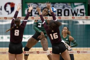 Jamm Aquino / Sept. 24
                                Hawaii middle blocker Amber Igiede led the Wahine with 14 kills in a sweep of Cal State Fullerton on Friday. Igiede (3) soared for a kill against the UC Riverside Highlanders during the second set on Sept. 24, in Honolulu.