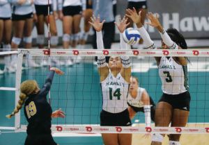 JAMM AQUINO / JAQUINO@STARADVERTISER.COM 
                                Hawaii outside hitter Braelyn Akana (14) and middle blocker Amber Igiede (3) combined on the double block of UC Riverside’s Delaney Tate on Saturday.
