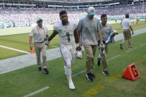 ASSOCIATED PRESS
                                Miami Dolphins quarterback Tua Tagovailoa (1) is assisted off the field after he was injured during the first half of an NFL football game against the Buffalo Bills, Sunday, Sept. 25, 2022, in Miami Gardens, Fla.