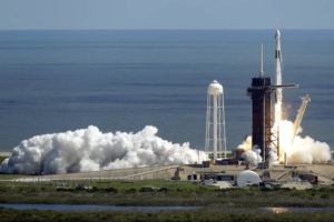ASSOCIATED PRESS
                                A SpaceX Falcon 9 rocket with astronauts lifts off on Pad 39A at the Kennedy Space Center in Cape Canaveral, Fla., today, for a mission to the International Space Station.