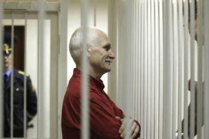 ASSOCIATED PRESS / NOV. 24, 2011
                                Ales Bialiatski, the jailed leader of Vesna, the most prominent human rights group in Belarus, stands in a cage during a court session in Minsk, Belarus in 2011. Today, the Nobel Peace Prize was awarded to jailed Belarus rights activist, as well as the Russian group Memorial and the Ukrainian organization Center for Civil Liberties.