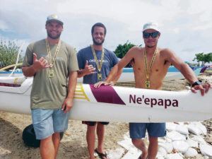 KYLE GALDEIRA / SPECIAL TO THE STAR-ADVERTISER
                                Chase VonNordheim, Bobby Pratt Jr. and Nathan Loyola helped the Keahiakahoe Canoe Club win Sunday’s Gilbert Silva Memorial Canoe Race. The paddlers competed in the canoe “Ne’epapa,” which Silva dedicated to the club 10 years ago.