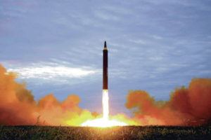 KOREA NEWS SERVICE / ASSOCIATED PRESS / 2017
                                North Korea on Tuesday fired an intermediate- range ballistic missile over Japan for the first time in five years. At right, the missile that was said to be the test launch of a Hwasong-12 intermediate- range missile in Pyongyang, North Korea.