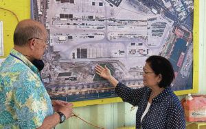 ANDREW GOMES / AGOMES@STARADVERTISER.COM
                                U.S. Sen. Mazie Hirono discussed the state’s Kapalama Container Terminal project Monday with state Harbors Administrator Neil Takekawa. The $526 million project is slated for completion in early 2024.