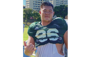 STEPHEN TSAI / STSAI@STARADVERTISER.COM
                                Warriors defensive end Andrew Choi flashed a shaka after receiving a scholarship on Tuesday.