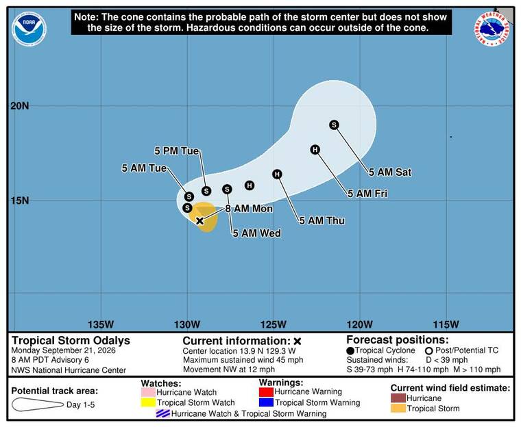 COURTESY NHC
                                The 5-day forecast track of Tropical Storm Odalys as of this morning.