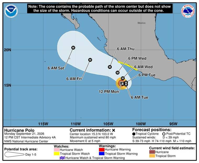 COURTESY NHC
                                The 5-day forecast track of Hurricane Polo as of this morning.