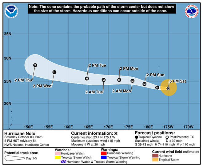 Category 3 Hurricane Nolo heads west toward International Date Line